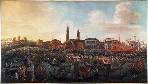 Freskens fest"" på himmelfartsdagen i Murano, Venezia"" San Cipriano-klosteret til høyre og kirken Santo Stefano i sentrum, forsvant i dag (festen for "" Fresco" på Kristi himmelfartsdagen i Murano-øya, Venezia) Maleri av Jo av Joseph the younger Heintz