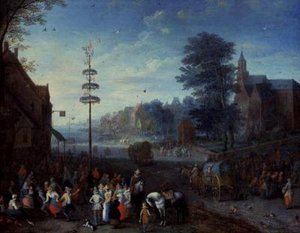 Landsbykermesse med landsbyboere som danser rundt en majstang og reisende på en vei av Joseph van Bredael