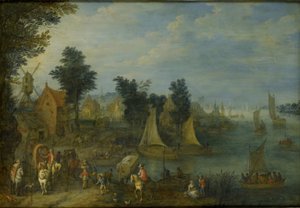 Landsby ved bredden av en elv av Joseph van Bredael