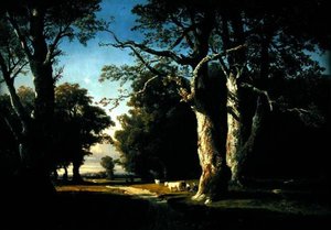 Landskap med trær og storfe (olje på lerret)
