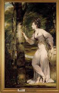 En kvinne med stor eleganse gir et navn på en trestamme i en romantisk atmosfære. Maleri av Joshua Reynolds (1723-1792). 18. århundre. Collection privee - Full-lengde portrett av fru Lloyd: En elegant kvinne skjærer ut et navn på en trestamme i en romantis av Joshua Reynolds