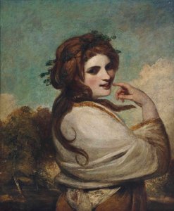 Portrett av Emma, Lady Hamilton, som en Bacchante, halvlang, i en gul kjole og hvitt sjal, i et landskap av Joshua Reynolds