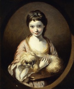 Portrett av frøken Emilia Vansittart, halv lengde, iført en rosa og hvit kjole som holder en hund, ca. 1767-68 av Joshua Reynolds