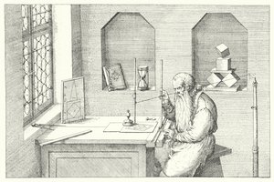 Tysk gullsmed, kunstner og etser Wenzel Jamnitzer i atelieret hans (gravering)