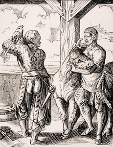 Slakteren og hans assistent, reproduksjon av en gravering fra 1500-tallet av Jost Amman (1539-91) fra 