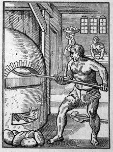 En baker som baker brød i en ovn. Gravering av Jost Amman (1539-1591) 1500-tallet. av Jost Amman