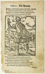 Der Kramer (The Peddler) fra De omnibus illiberalibus sive mechanicis artibus av Hartmann Schopper, plate 50 fra Woodcuts from Books of the XVI Century av Jost Amman