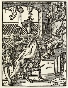 Barberne fra en serie som skildrer yrker og bransjer først publisert i Das Ständebuch 1568 i Frankfurt, Tyskland av Jost Amman