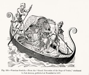 Venetian Gondola, fra Grand Procession of the Doge of Venezia, illustrasjon fra vitenskap og litteratur i middelalderen og renessansen, skrevet og gravert av Paul Lacroix, 1878 (
