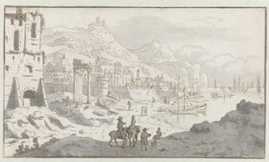 Utsikt over en imaginær italiensk havn av Josua de Grave