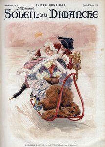 Vintermoro: slede. Et elegant par i aking og skøyter sklir over snøen. Ifølge J. Koppay. Gravering i “” Le sun-du-dimanche””, 22. januar av Joszi Arpad Koppay