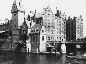 Utsikt over Speicherstadt (lagerbyen) Hamburg, ca. 1910