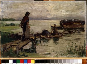 ""På kysten"" (Ved strandkanten) Hollandske bondekvinner i vannkanten. Maleri av Josef Israels (1824-1911) Mikalojus Konstantinas Ciurlionis kunstmuseum, Kaunas, Litauen