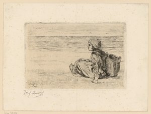Jente med en bærekurv på ryggen på stranden av Jozef Israëls