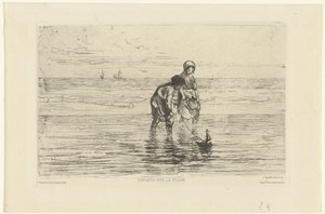 Barn leker med en båt på stranden Enfants sur la plage (tittel på objekt) av Jozef Israëls