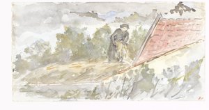 Landskap med kvinne og tak på et hus av Jozef Israëls