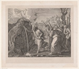Mozes slaat vann uit de rotsen Ved å slå på stangen ... flinten kom vannet frem (tittel på objekt) av Jozef Karel De Meulemeester