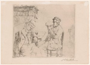 To drikkende menn ved et bord nær en peis av Jozef van Snick