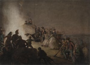 St. Hansaaften. Bønder, som har tent bål på en diger haug, danser rundt bålet