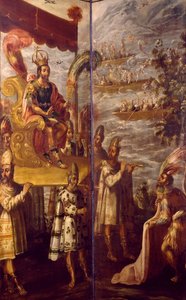 Montezuma, detalj fra møtet mellom Cortes og Montezuma, skjerm tilskrevet Juan Correa (1645-1716), olje på lerret, 250x600 cm av Juan Correa