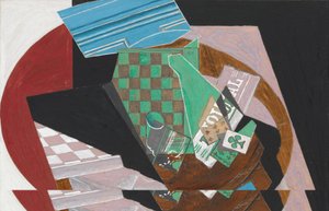 Sjakkbrett og spillekort, 1915 (gouache, grafitt og harpiks på kremfarget vevd papir, montert på papp) av Juan Gris