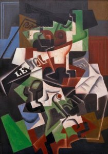 Fruktskål, pipe og avispapir av Juan Gris