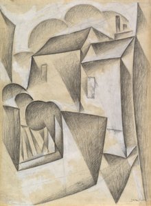 Hus i Paris, Place Ravignan, 1911 (svart kritt og gouache på hvitt papir) av Juan Gris