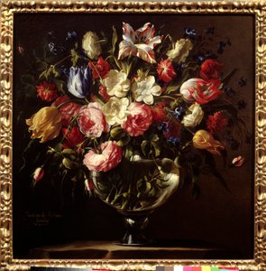 Vase med blomster. Maleri av Juan de Arellano (1614-1676)