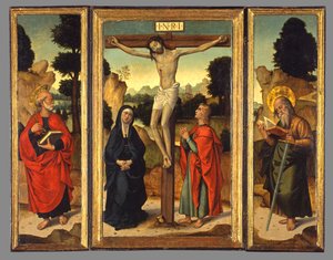 Korsfestelse med jomfruen og de hellige Johannes evangelisten, Peter og Paulus, ca. 1520-1540