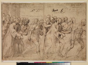 To studier for "Saint Stephen Being Led to His Martyrdom" (recto), 1556
