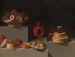 Stilleben med søtsaker og keramikk, 1627.