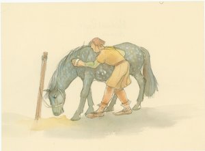 En middelaldersk brudgom som børster en hest, 2004.
