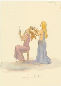 En middelalderdame som venter, børster håret til en dame, 2004. av Judith Dobie