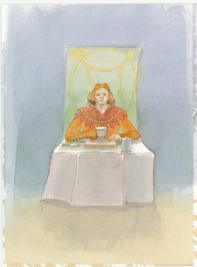 En middelalderherre satt ved et bord, 2004. av Judith Dobie