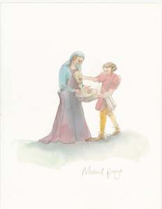 En middelalderside som hjelper en dame med å vaske hendene, 2004. av Judith Dobie