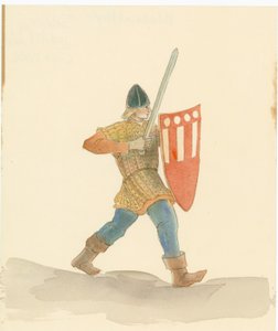 En middelaldersoldat med et langt sverd i høyre hånd og et skjold i venstre, 2004.