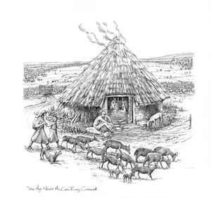 Bønder og en flokk med geiter utenfor Iron Age Roundhouse, c1990-2010 av Judith Dobie