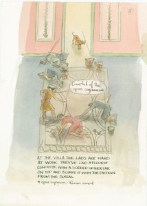 Håndverksmesteren og arbeiderne hans legger et gulv for Julias mosaikk, 2003. av Judith Dobie