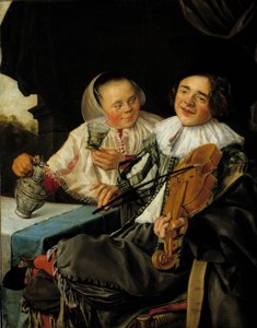 Det gledelige selskapet En fiolinist og en kvinne serverer ham et glass vin, begge fulle. Maleri av Judith Leyster (1609-1660)