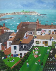 St Ives, Cornwall, 2008 (akryl om bord) av Judy Joel