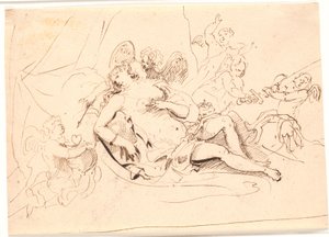 Tilbakelent Venus-figur, omgitt av seks putti som leker med sverd, pil og hjerte av Jürgen Ovens
