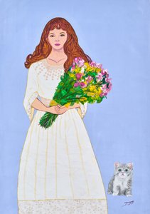 Jente med blomster og kattunge