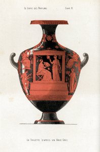 Gresk vase som dekorerer en kvinne på et toalett som holder en boks med kosmetikk og parfymer assistert av en slave som vinker med en vifte av Jules (after) Cheret