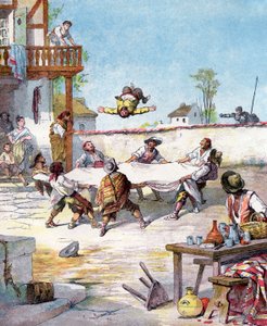 I Inn blir Sancho Panza håndtert, han ringer sin mester Don Quixote for å hjelpe ham, illustrasjon av boken av Miguel de Cervantes quot;Histoire de Don Quichottequot;, gravering etter Jules David
