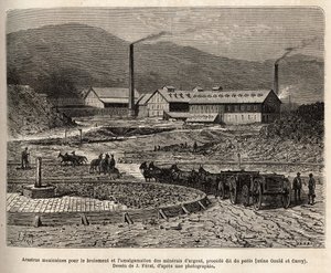 Meksikanske arastras (område tråkket av muldyrene, som for tråkking av bles) for maling og sammenslåing av sølvmalm (Gould og Curry-fabrikker) i nærheten av Virginia City (Nevada), gravering etter J.Ferats tegning , illustrati av Jules (after) Ferat