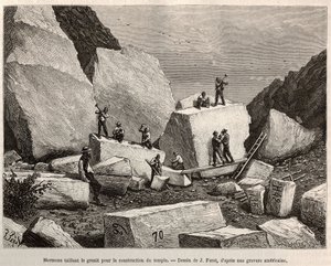 Mormonskjærende granitt for tempelbygging. Gravering etter J.Ferats tegning, for å illustrere historien La conquete blanche, av William Hepworth Dixon, i 1875, publisert i "" Le tour du monde""" 1876, redigert av Edouard Charton, Hachette-utgaven, Paris av Jules (after) Ferat