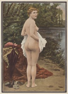 Sommer, kvinne som bader i en innsjø (farge litho)
