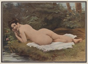 Kvinne etter badet hennes (farge litho)