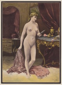 Kvinne med speil (farge litho)