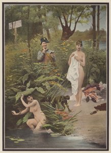 Kvinner tatt i ferd med å bade (farge litho)